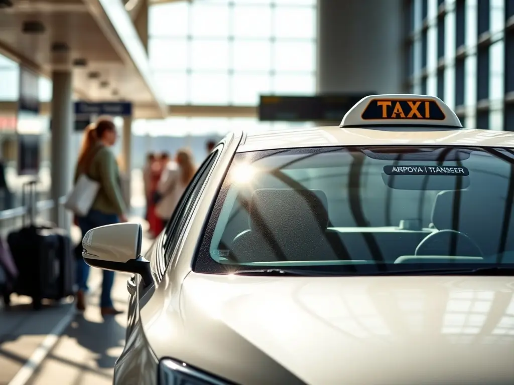 A modern, clean taxi cab at Marrakech Airport, ready to pick up passengers. The image should convey reliability and professionalism.